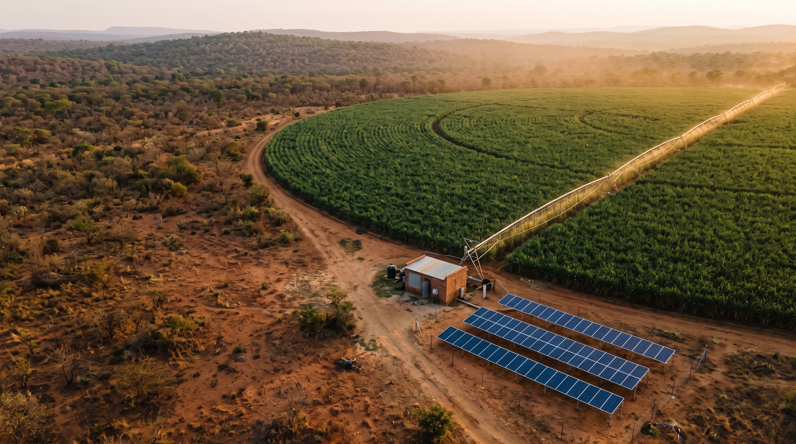 Solar array, pump house and centre pivot irrigating a green field beside bushveld