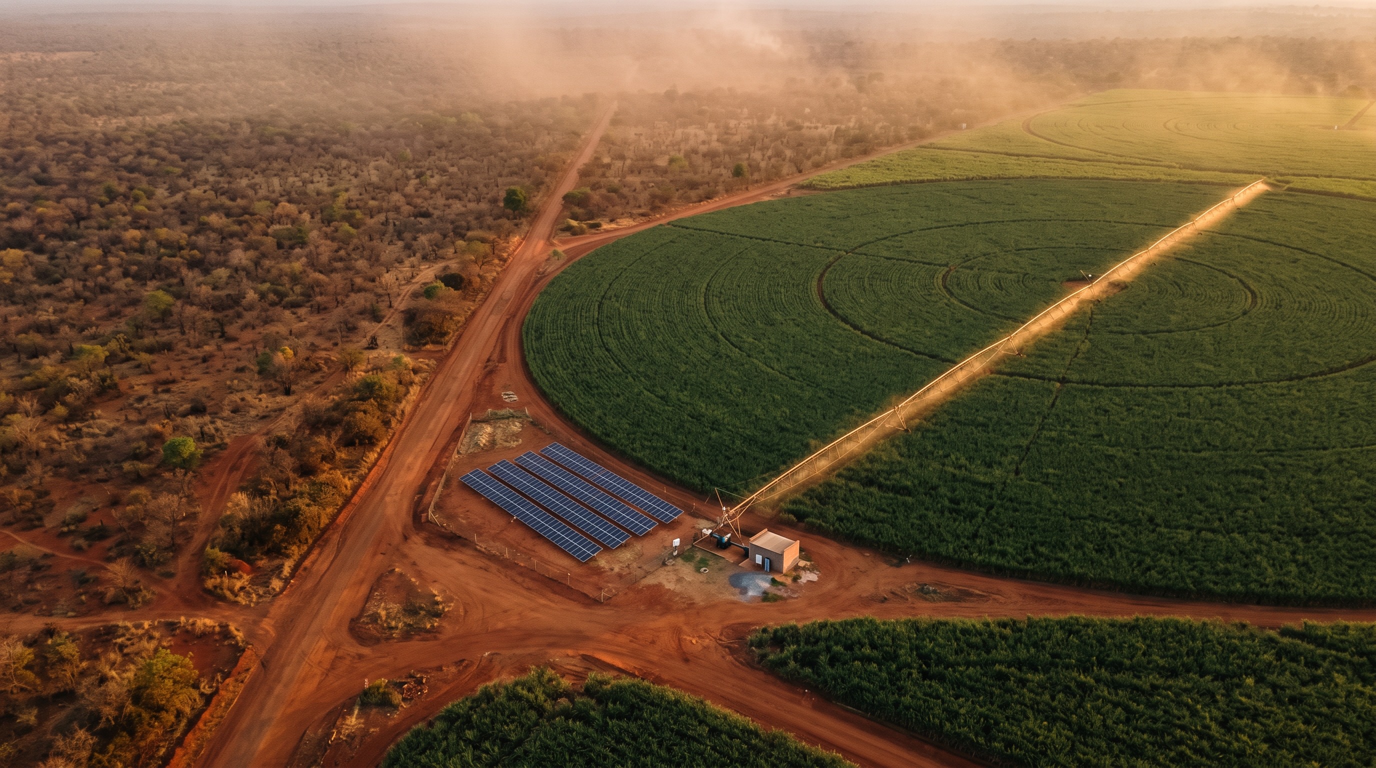 Aerial view of a solar pumping station, pivot and cane fields crossed by farm roads