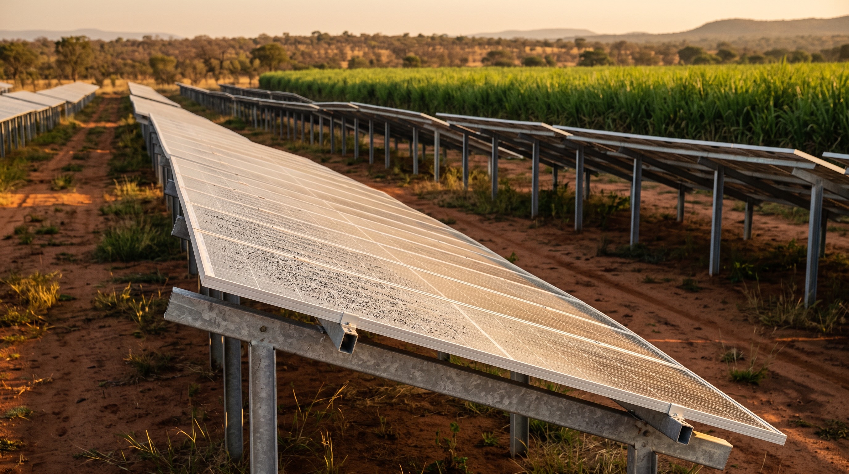 Rows of ground-mounted solar panels beside a cane field in late afternoon light