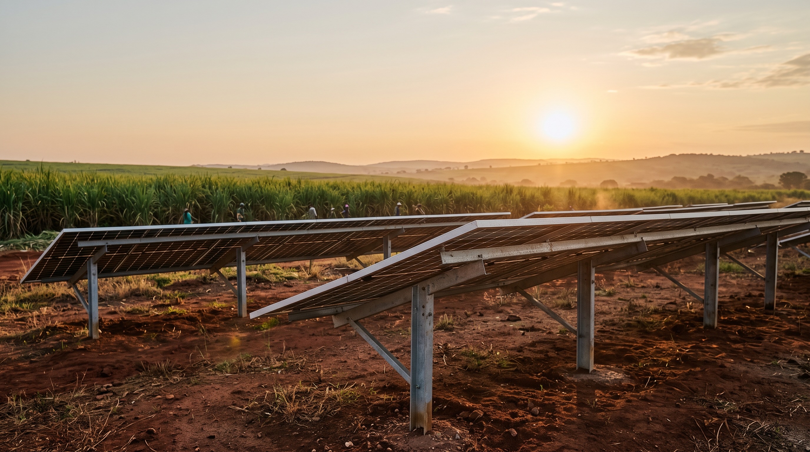A work team walking the headland between solar rows and a cane field