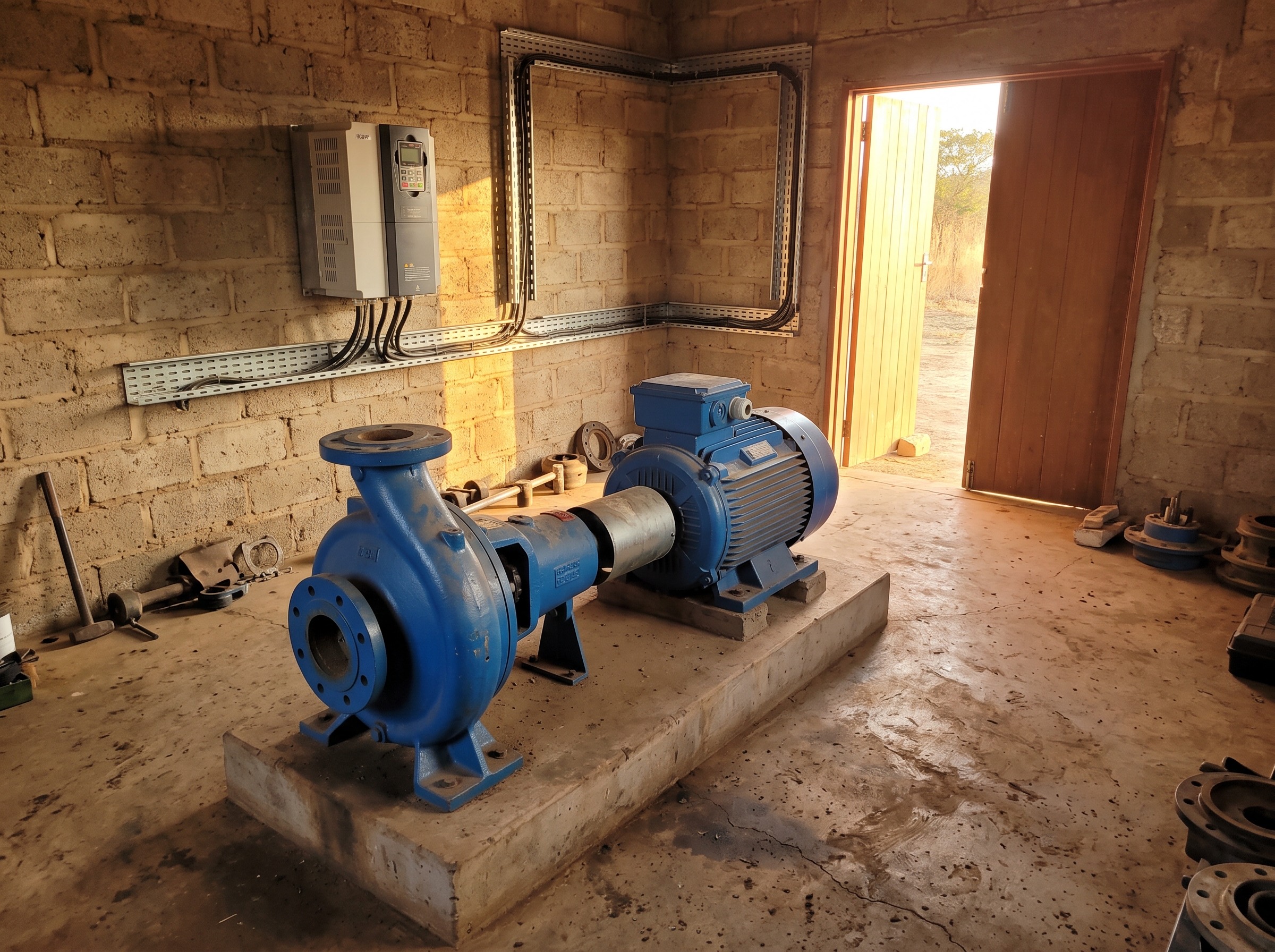 Pump house interior: a blue centrifugal pump and motor on a plinth with a variable-speed drive wired on the wall